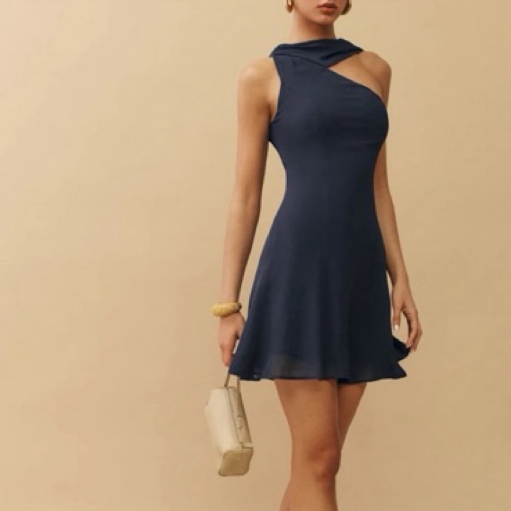 Reformation Rossi Dress Navy Blue One-Shoulder Dress
